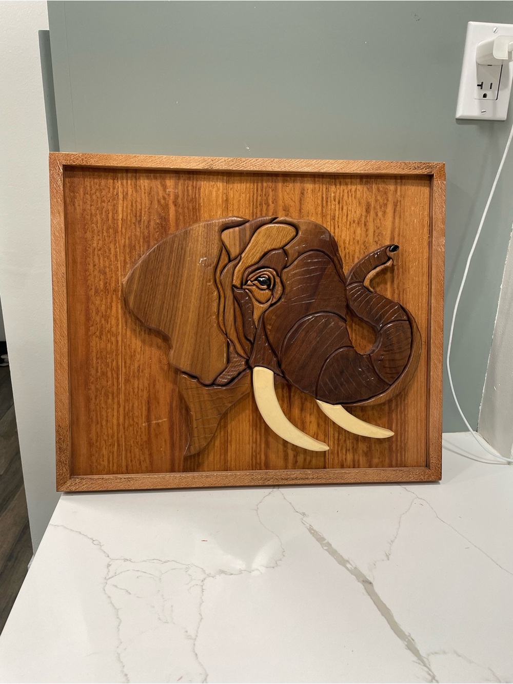Handcrafted Wooden Elephant Wall Art - Brown & Cream